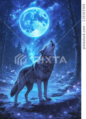 "AI-generated image" of a wolf howling on a rock in the woods on a moonlit midnight 119163569