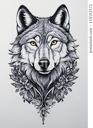 AI-generated image of a fluffy wolf's face 119163571