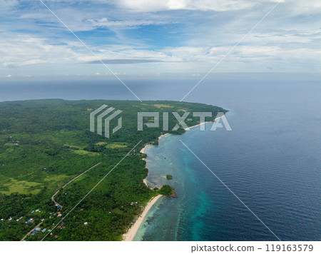 Aerial view of white sandy beach in Carabao Island. San Jose, Romblon. Philippines. Aerial view of white sandy beach in Carabao Island. San Jose, Romblon. Philippines. 119163579