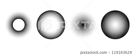 Halftone concentric circle set. Comic grunge texture ring shape collection. Dotted round geometric collection. Radial pop art design elements. Epicenter, target, radar concept. Vector halftone circles Halftone concentric circle set. Comic grunge texture ring shape collection. Dotted round geometric collection. Radial pop art design elements. Epicenter, target, radar concept. Vector halftone circles 119163629