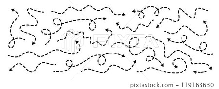 Comic dotted thin arrow set. Wavy and curved dashed pointer collection. Squiggle sketchy direction lines. Dots squiggle loop stripe design elements bundle for flyer, poster, brochure. Vector 119163630