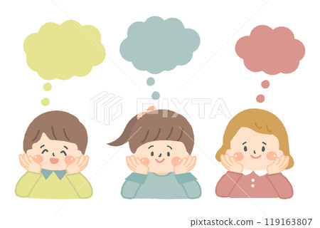 Children with speech bubbles and chin resting on hands 119163807