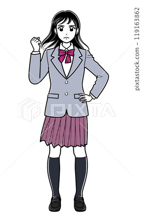 A high school girl in a blazer posing with her hands on her hips (simple) A high school girl in a blazer posing with her hands on her hips (simple) 119163862