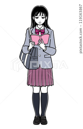 A high school girl in a blazer standing and reading a book (simple) 119163867
