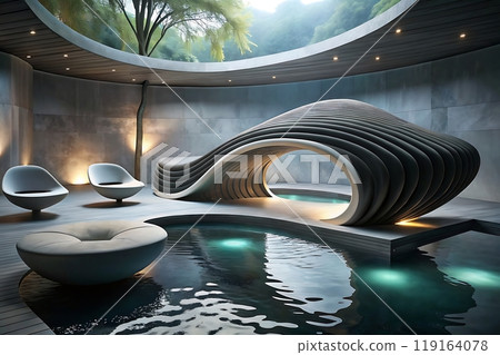 Underwater Zen wave-shaped seating, natural materials, soft lighting 119164078