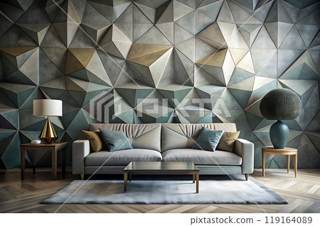 Elegant gray art piece and beige sofa as the room's focal points. Elegant gray art piece and beige sofa as the room's focal points. 119164089