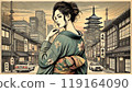 穿著和服的美麗女人站在現代城市背景中 119164090