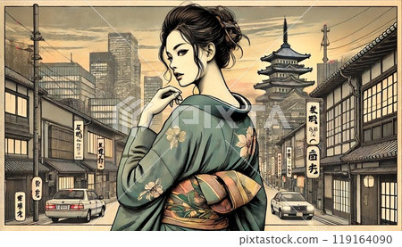 穿著和服的美麗女人站在現代城市背景中 119164090