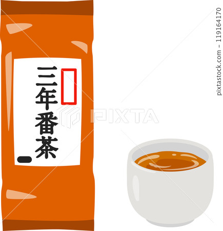 A bag of Sannen Bancha tea and a teacup filled with tea 119164170