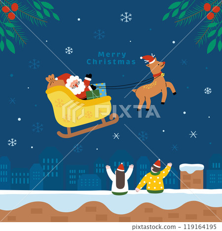 Santa Claus sitting on a Christmas sleigh with a reindeer 119164195