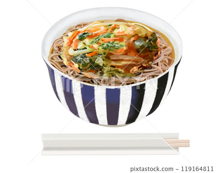 Kakiage soba (vegetables) in a blue and white bowl with disposable chopsticks 119164811