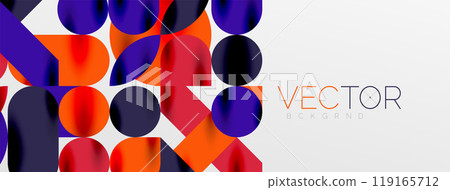 Mosaic geometric elements. Colorful circles, round geometric shapes and lines with shadow 3d effects. Simple forms abstract background for wallpaper, banner, template or landing 119165712