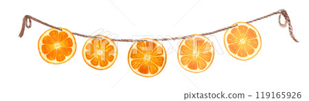 Orange slices on a jute rope watercolor banner isolated on white background. High quality hand drawn art perfect for food design, packages, cards, menus, organic food logo, Christmas decor and design 119165926
