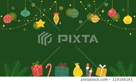 Christmas, background with colorful ornaments and presents, cute hand drawn illustration 119166161