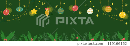 聖誕節，冬青背景，色彩繽紛的裝飾品，可愛的手繪插圖 119166162