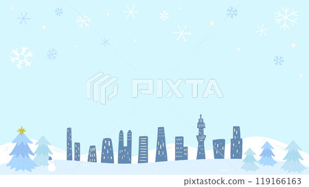 雪冬城市背景、建築、冷杉樹和雪人,可愛的手繪插畫 雪冬城市背景、建築、冷杉樹和雪人,可愛的手繪插畫 119166163