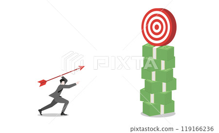 A businessman aiming and throwing an arrow to a business target on banknotes stack. Focus, determination in achieving success and corporate goals. Business ambition and strategic planning concept A businessman aiming and throwing an arrow to a business target on banknotes stack. Focus, determination in achieving success and corporate goals. Business ambition and strategic planning concept 119166236