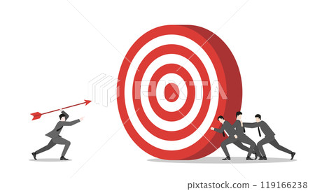 A businessman aiming and throwing an arrow to a business target with teamwork support. Determination in achieving success and corporate goals. Business ambition and strategic planning concept A businessman aiming and throwing an arrow to a business target with teamwork support. Determination in achieving success and corporate goals. Business ambition and strategic planning concept 119166238