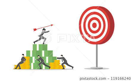 A businessman stands on money stack, aiming and throwing an arrow to a business target. Teamwork support, determination in achieving success and corporate goals. Business ambition and strategic plan A businessman stands on money stack, aiming and throwing an arrow to a business target. Teamwork support, determination in achieving success and corporate goals. Business ambition and strategic plan 119166240