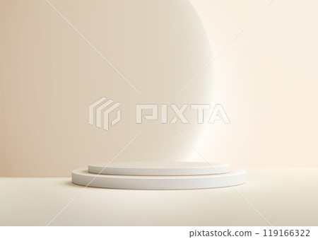 Minimalist White Circular Podiums on Beige Background, Soft Lighting Elegant Product Display, Perfect for Mockups Showcases Minimalist White Circular Podiums on Beige Background, Soft Lighting Elegant Product Display, Perfect for Mockups Showcases 119166322