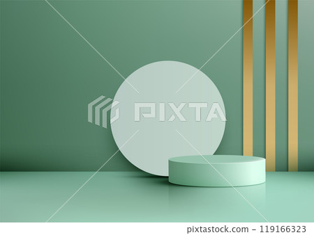 Minimalist Green Podium with Gold Stripes and Large White Circle, Stylish Scene Ideal for Product Display Mockup or Graphic Design, Modern Elegant Composition 119166323