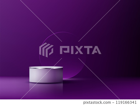 Minimalist 3D White Podium on Reflective Surface with Deep Purple Background for Luxury Product Display and Mockup Showcase 119166341