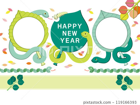 蛇年插畫新年賀卡設計「葉、蛇、毛毛蟲框架」新年快樂 119166393