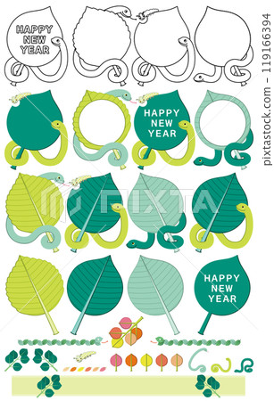 蛇年插畫新年賀卡設計素材「葉、蛇、毛毛蟲框架」新年快樂 119166394
