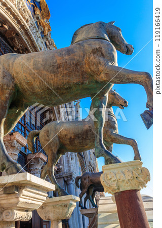 Horses of Saint Mark, also known as the Triumphal Quadriga or Horses of the Hippodrome of Constantinople, in Venice, Italy 119166419