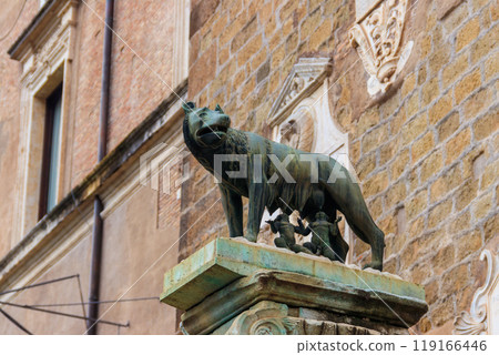 Capitoline Wolf, bronze sculpture of the mythical she-wolf suckling the infant twins Romulus and Remus, in Rome, Italy. Scene from the legend of the founding of Rome 119166446