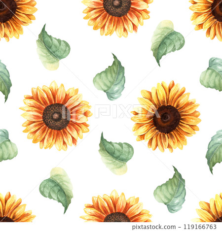 Watercolor seamless pattern with yellow sunflowers blooms and leaves. Hand drawn repeat pattern isolated on white background for wrapping wallpaper fabric textile Watercolor seamless pattern with yellow sunflowers blooms and leaves. Hand drawn repeat pattern isolated on white background for wrapping wallpaper fabric textile 119166763