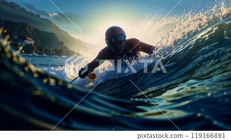 A man is surfing in the middle of a wavy sea  119166891