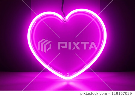 Pink neon heart sign and dark background 119167039