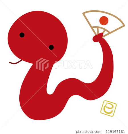 Illustration of a zodiac character holding a folding fan for the year of the snake, 2025 / red Illustration of a zodiac character holding a folding fan for the year of the snake, 2025 / red 119167181