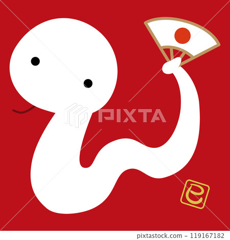 Illustration of a zodiac character holding a folding fan for the year of the snake, 2025 / White Snake 119167182