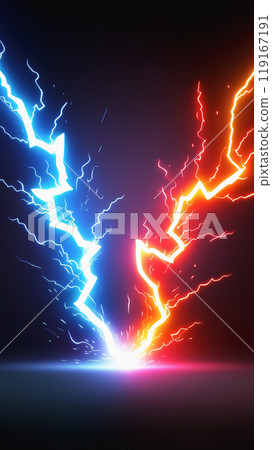"Comparative red and blue lightning background" 119167191