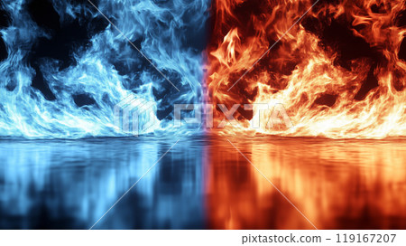 " Relative red and blue flame background." 119167207