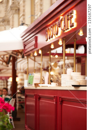 Restaurant interior with red counter and wine glasses, shallow depth of field Restaurant interior with red counter and wine glasses, shallow depth of field 119167297