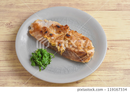 Grilled mahi-mahi with green onion and miso 119167334