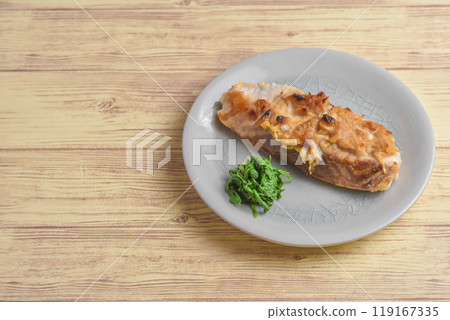 Grilled mahi-mahi with green onion and miso 119167335