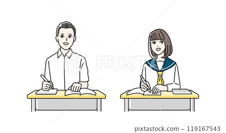 Illustration of male and female high school students studying at their desks 119167543