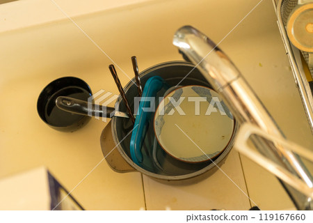 Soak dirty dishes in the inner pot of a rice cooker 119167660