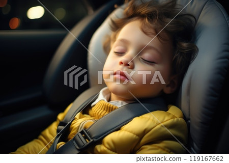 Protected slumber - child sleeping peacefully in car child seat, emphasizing concept of safe road transport, showcasing tranquility, security provided by proper restraint systems for safe travels. 119167662