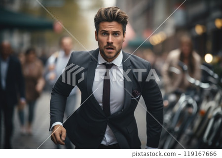 Corporate race - a businessman running, embodying concept of fast work and corporate lifestyle, illustrating demands of modern life and pursuit of business success in a dynamic world. Corporate race - a businessman running, embodying concept of fast work and corporate lifestyle, illustrating demands of modern life and pursuit of business success in a dynamic world. 119167666