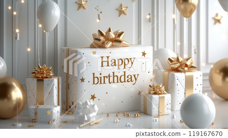 Festive joy: a heartwarming greeting card adorned with the text happy birthday, radiating celebratory cheer and warm wishes, perfect for expressing love and joy on this special occasion. Festive joy: a heartwarming greeting card adorned with the text happy birthday, radiating celebratory cheer and warm wishes, perfect for expressing love and joy on this special occasion. 119167670