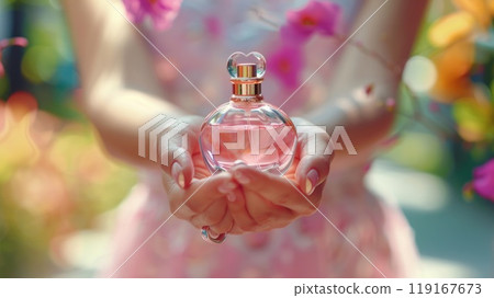 Delicate fragrance - a girl holding perfume bottle, showcasing elegance and style, highlighting beauty and sophistication, scented allure. 119167673