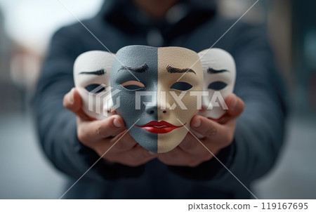Role selection: person examines masks emotions, assessing which expression best fits their current psychological state, struggle between true self, adopted facades in different social contexts. 119167695