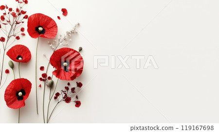 Remembrance banner: design showcasing the poppy symbol for Poppy Day, complete with copy space for heartfelt messages, dedications, importance of the card in remembering and honoring veterans. Remembrance banner: design showcasing the poppy symbol for Poppy Day, complete with copy space for heartfelt messages, dedications, importance of the card in remembering and honoring veterans. 119167698