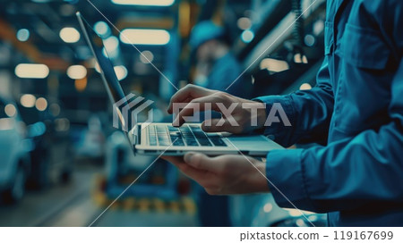 Auto diagnostics - mechanical technician employing laptop for car maintenance programming, integration of computer technology in vehicle service, emphasizing accuracy and modern repair methods. 119167699