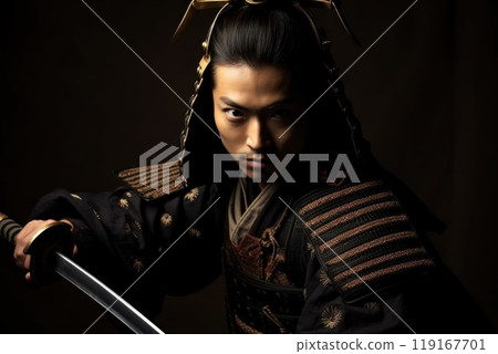 Valiant icon - japanese samurai portrait, highlighting the fierce determination and noble stature, adorned in traditional armor with katana, representing valor and legacy of feudal japan. Valiant icon - japanese samurai portrait, highlighting the fierce determination and noble stature, adorned in traditional armor with katana, representing valor and legacy of feudal japan. 119167701